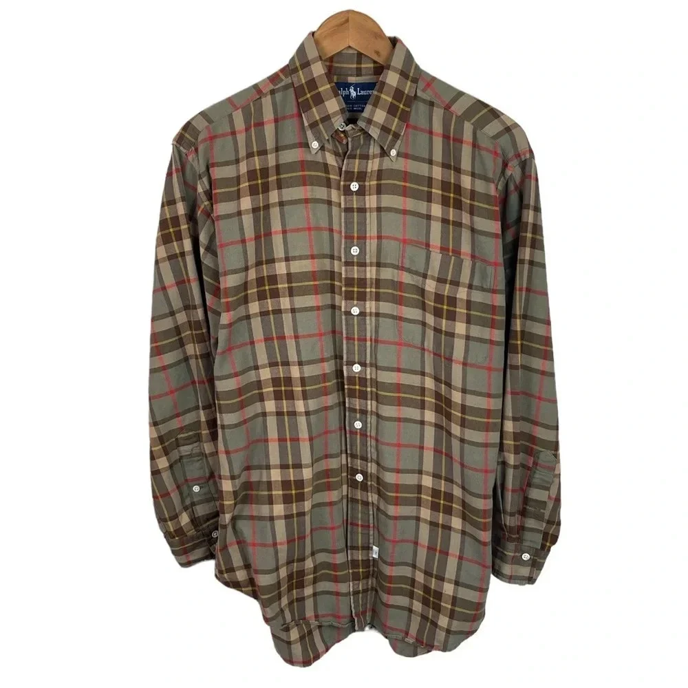 BF922 Mens Polo Ralph Lauren Designer Wool Blend Plaid Button Down Shirt M